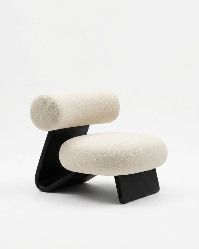 Cream Boucle Lounge Chair on Sculptural Black Base