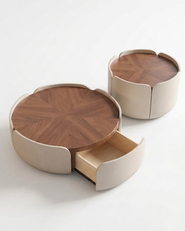 Walnut Sunburst Coffee Table Pair