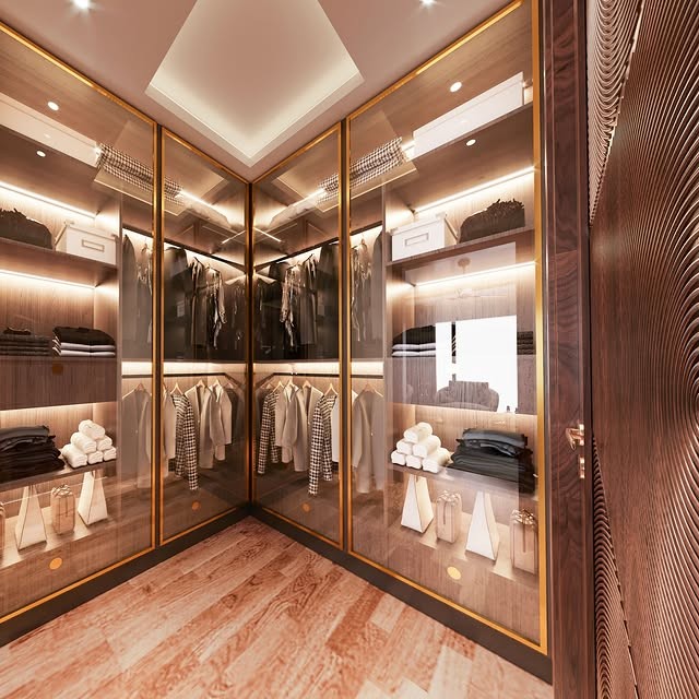 Gold-Trim Glass Walk-in Wardrobe System