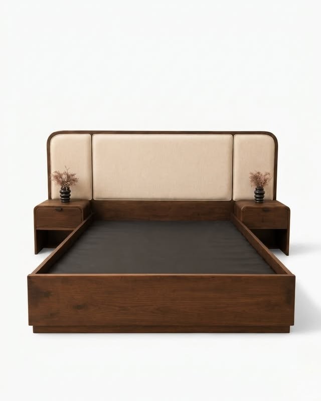 Dark Wood Bed with Beige Panel Headboard and Nightstands