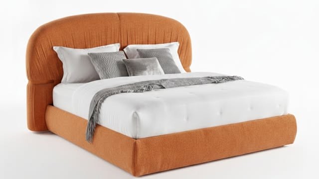 Burnt-Orange Pleated Upholstered Bed