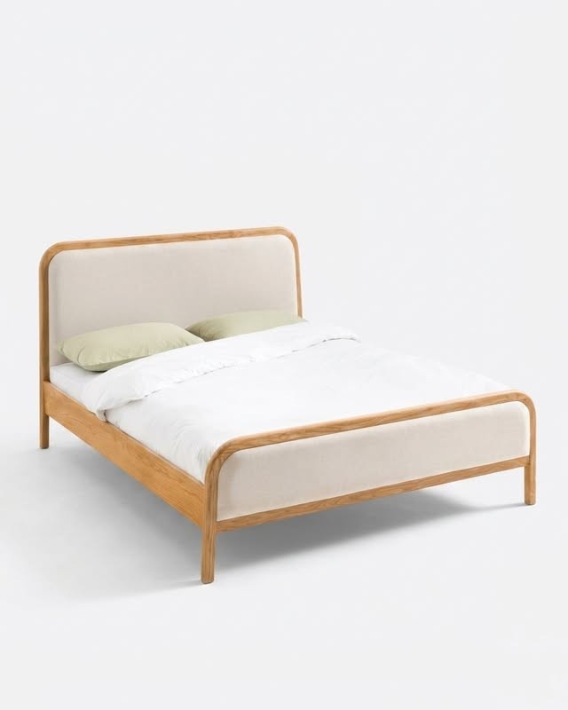 Light Oak Bed with Cream Upholstered Headboard and