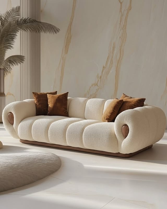 Beige Two-Seat Sofa with Cylindrical Arms