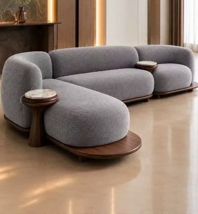 Light-Grey Curved Sectional with Wood Bases