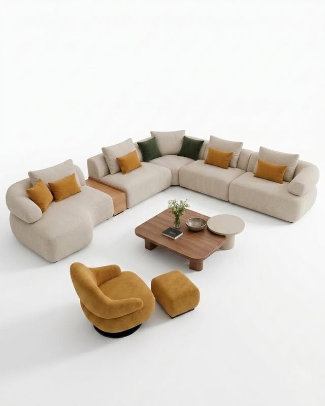 Beige Curved U-Sectional with Wood Accents