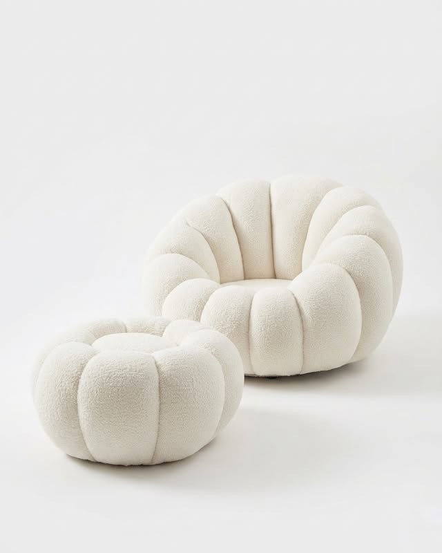 White Boucle Channel-Tufted Armchair with Ottoman
