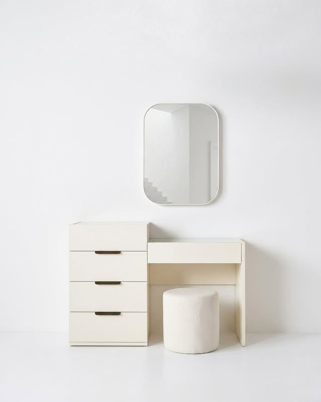 Cream Vanity Set with Mirror and Stool