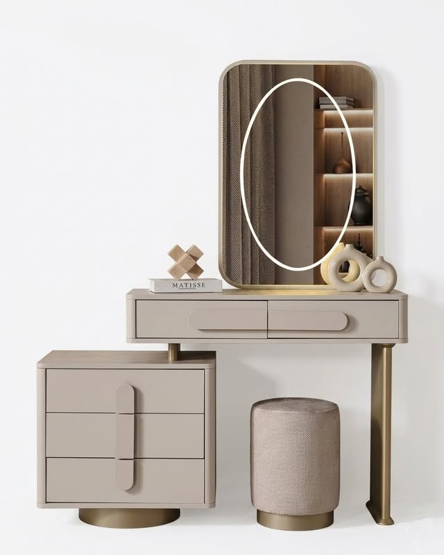 Taupe Vanity Desk with Ring-Light Mirror