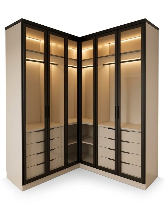 Glass-Front Corner Wardrobe with LED