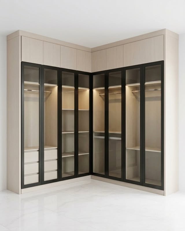 Beige L-Shaped Wardrobe with Glass Cabinets