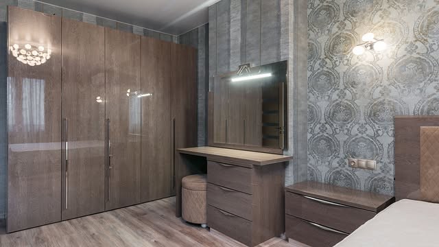 Wood Wardrobe Wall with Vanity and Nightstand